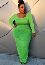 Autumn Plus Size Casual Green Ruched Long Shirt Dress