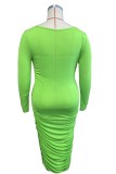 Autumn Plus Size Casual Green Ruched Long Shirt Dress