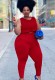 Summer Plus Size Casual Red Sleeveless Crop Top and Pants Set