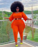 Autumn Plus Size Casual Orange Jumpsuit with 3/4 Sleeves