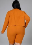 Traje de oficina de chaqueta y pantalones cortos naranja profesional de talla grande de otoño con cinturón