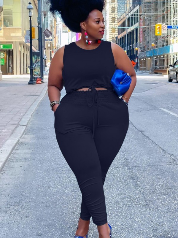 Wholesale Summer Plus Size Casual Black Sleeveless Crop Top and Pants ...