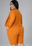 Traje de oficina de chaqueta y pantalones cortos naranja profesional de talla grande de otoño con cinturón