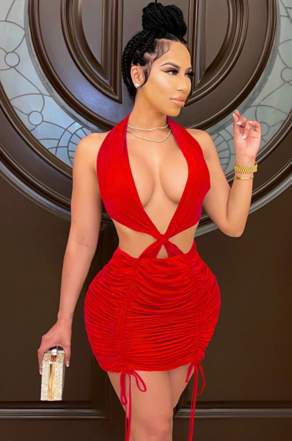 Summer Party Sexy Red Cut Out Ruched Mini Dress