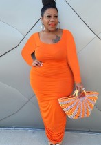 Herbst Plus Size Casual Orange gerafftes langes Hemdkleid