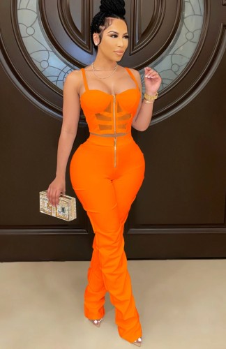 Conjunto de pantalones y top corto con cremallera naranja sexy de fiesta de verano