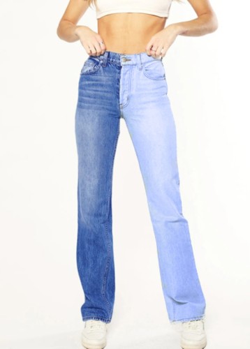 Jeans regulares de cintura alta con parche de bloque de color otoñal