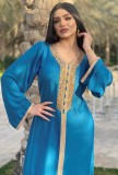 Arab Dubai Arab Middle East Turkey Morocco Islamic Clothing Kaftan Abaya Embroided Muslim Dress Blue