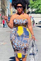Summer Plus Size Leopard Print Halter Midi Bodycon Dress