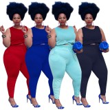Summer Plus Size Casual Blue Sleeveless Crop Top and Pants Set
