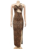 Verano sexy estampado de leopardo recortado corte halter vestido largo