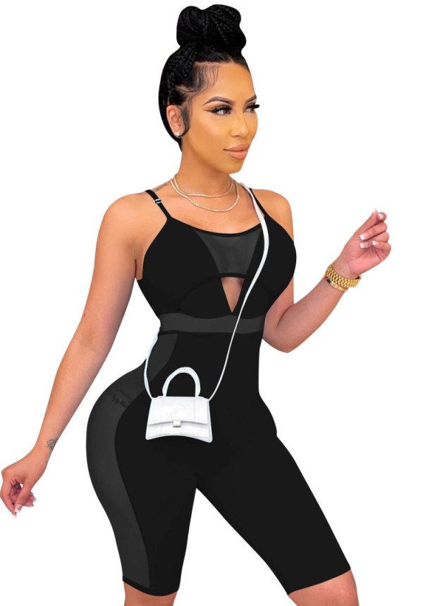Summer Black Patch Sexy Strap Bodycon Rompers