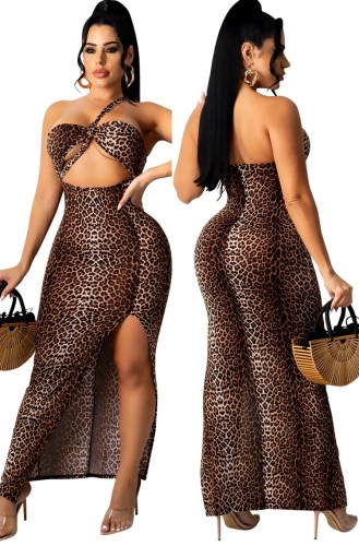 Verano sexy estampado de leopardo recortado corte halter vestido largo