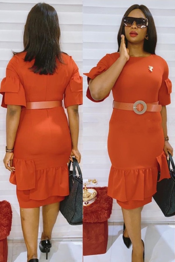 Summer Professional Orange Office Dress with Belt