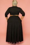 Autumn Plus Size Black Long Sleeve Crop Top and Maxi Skirt Set