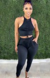 Summer Black Sexy Ruched Crop Top and Pants Set