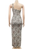 Summer Sexy Leopard Print Cut Out Slit Halter Long Dress