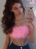 Top corto de fiesta halter sexy con plumas rosadas de verano