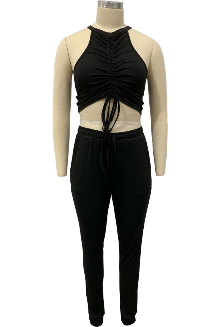 Wholesale Summer Black Sexy Ruched Crop Top and Pants Set Global Lover