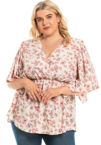 Летняя повседневная блузка с баской с цветочным рисунком больших размеров