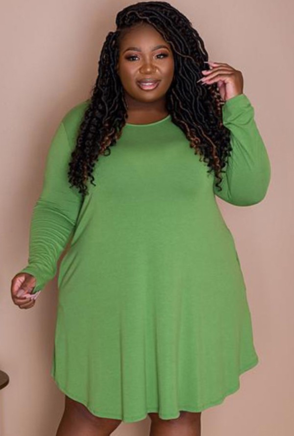Vestido de camisa de manga larga verde casual de talla grande de otoño