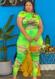 Summer Plus Size Tie Dye Sexy Ripped Crop Top and Pants Set