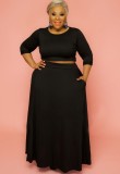 Autumn Plus Size Black Long Sleeve Crop Top and Maxi Skirt Set