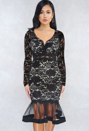 Herbst formales schwarzes Spitzen-Meerjungfrau-Partykleid mit vollen Ärmeln
