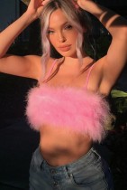 Top corto estivo con piume rosa sexy per feste all'americana