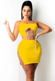 Summer Yellow Chains Sexy Strap Crop Top and Mini Skirt Set
