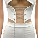Summer White Chains Sexy Strap Crop Top and Mini Skirt Set