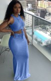 Summer Blue Ruched Strings Crop Top and Long Skirt Set