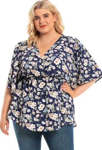 Летняя повседневная блузка с баской с цветочным рисунком больших размеров