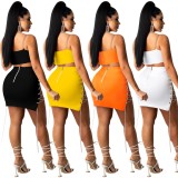 Summer Orange Chains Sexy Strap Crop Top and Mini Skirt Set