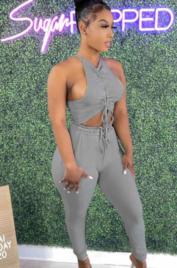 Summer Grey Sexy Ruched Crop Top and Pants Set