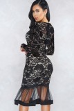 Autumn Formal Black Lace Mermaid Party Dress with Full Sleeves