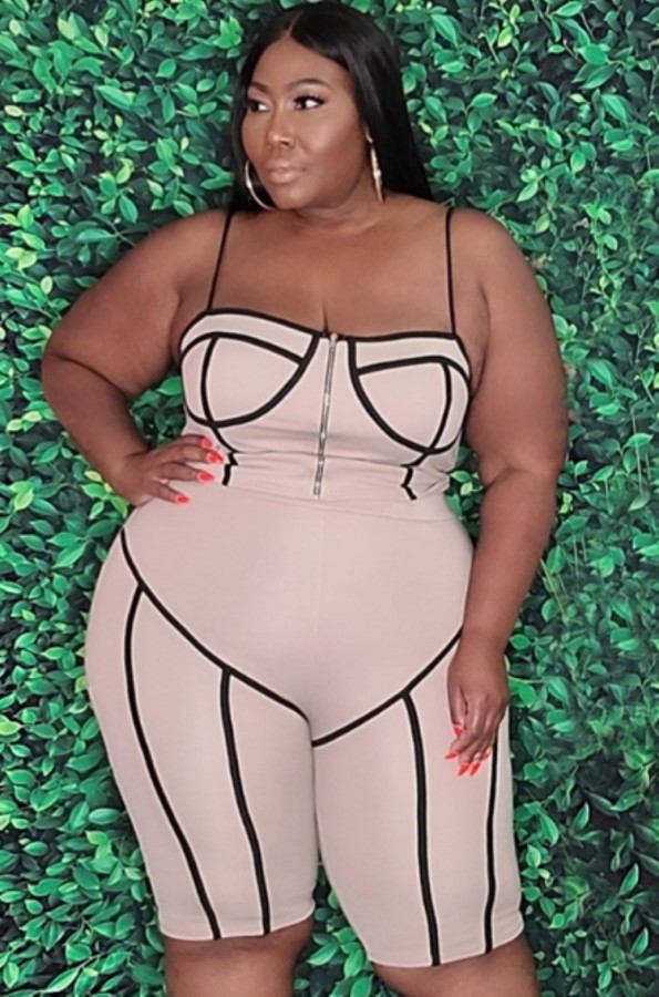 Summer Plus Size Beige Sexy Strap Bodycon Rompers