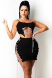 Summer Black Chains Sexy Strap Crop Top and Mini Skirt Set