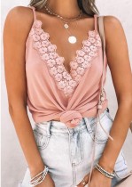 Summer Pink Floral Lace Strap V-Neck Vest