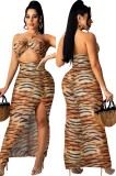 Summer Sexy Tiger Print Cut Out Slit Halter Long Dress