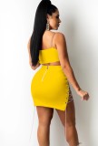 Summer Yellow Chains Sexy Strap Crop Top and Mini Skirt Set