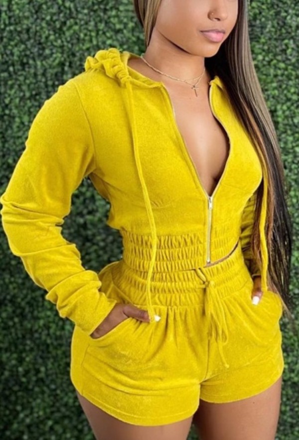 Autumn Casual Yellow Hooded Top and Shorts Tracksuit
