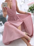 Summer Casual Pink Wrap Sleeveless Chiffon Long Maxi Dress
