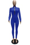 Autumn Blue Zipper Long Sleeve Basic Bodycon Jumpsuit