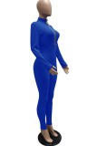 Autumn Blue Zipper Long Sleeve Basic Bodycon Jumpsuit