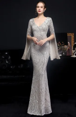 Autumn Occassional Silver Sequin V-Neck Mermaid Evening Dress