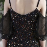 Summer Formal Black Sequins Patch Strap Mermaid Evening Dress