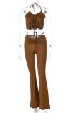 Conjunto de pantalón de campana y top corto con cuello halter y fruncido básico de verano marrón