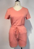 Summer Casual Pink V-Neck Shirt and Shorts Tracksuit
