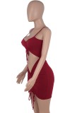 Summer Sexy Burgunry Cut Out Ruched Strap Bodycon Dress
